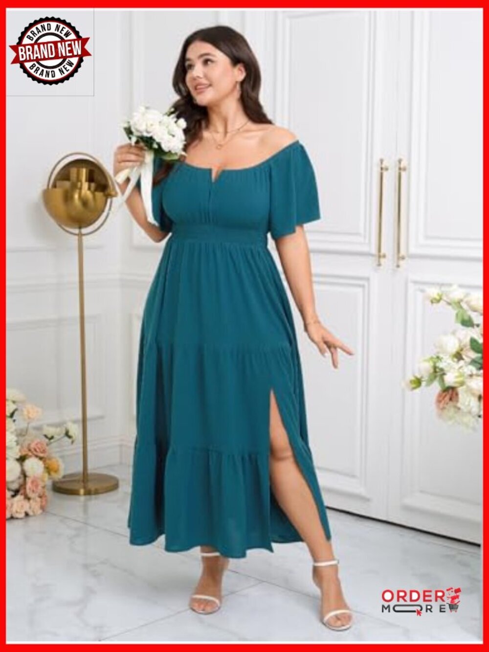 Plus Size Formal Maxi Dress Short Sleeve Square Neck Smocked Side Split Tiered - Picture 3 of 7